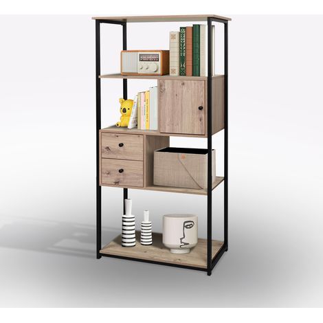 LIBRERIA IN LAMINATO E METALLO CM 80X30 H. 160 ROVERE NODATO E NERO (1/5)