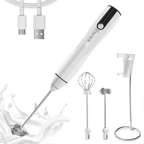 Mousseur à lait rechargeable portable à 3 vitesses, puissant fouet pour boissons avec 2 têtes pour café, mousseur blanc (1/5)