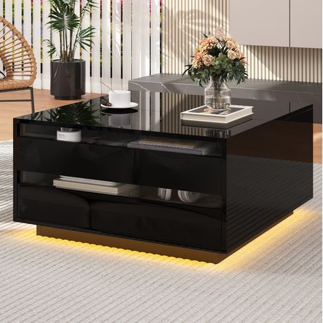 Mesa de centro cuadrada elevable 70 x 70 cm con LED, cajón y almacenamiento oculto negro HAVRYA (1/5)