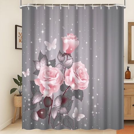 Rideau de Douche Papillon Rose Gris 180x180cm Tissu imperméable et Lavable en Machine (1/5)