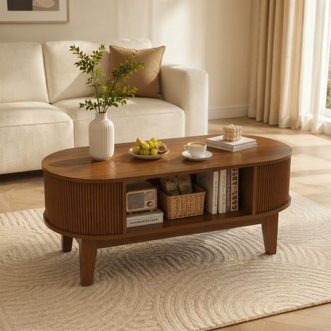 Mesa de centro ovalada 50x100x40,5 cm, con almacenaje oculto y tapa abatible, diseño Mid-Century Modern, acabado nogal (1/5)