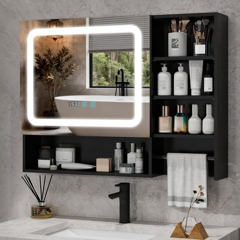 Puluomis – Meuble de salle de bain noir avec miroir LED – Affichage numérique heure/température – Fonction mémoire et anti-buée – 3 étagères réglables