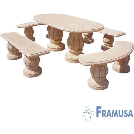 CONJUNTO COMEDOR PIEDRA OVALADO JARDIN HIGUERA NATURAL OCRE