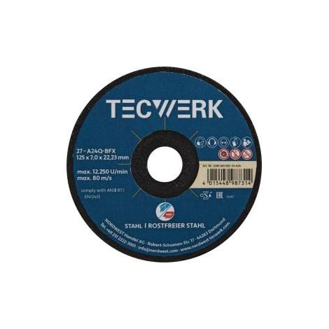 Disque ébavurage Premium 2en1 D125xS7mm coudé INOX/acier Alésage 22,23mm TECWERK (1/3)