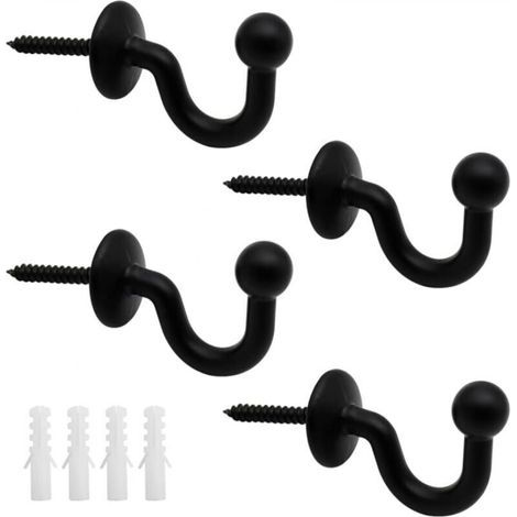 [JAMAIS UTILISÉ] Lot de 4 attaches de rideaux en métal noir de 64 mm, fixation murale, design en U, attaches de rideaux multifonctions (1/4)