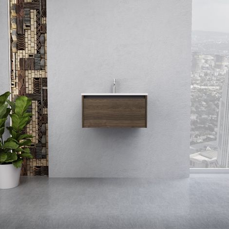 Inda - Badezimmerschrank 1 Schublade B.60 mit glänzendem Waschbecken / Braune Eiche - Smeraldo