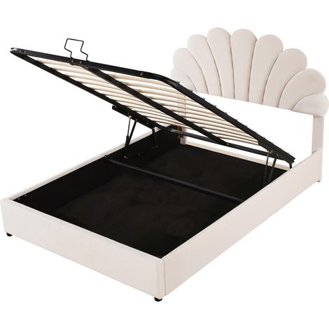 Cama doble tapizada de 140 x 200 cm, cabecero floral, con cabecero regulable en altura y espacio de almacenamiento hidráulico, adecuada para adolescentes y adultos (beige) (1/5)