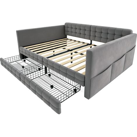 GagaLit canapé rembourré 140x190, velours gris, rangements latéraux, 2 tiroirs (1/5)