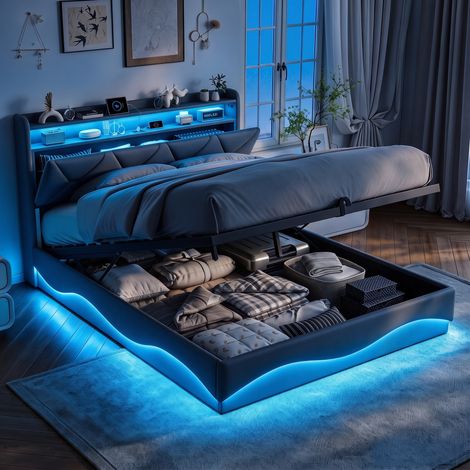 JOOKGBD-Lit Coffre 160x200 cm, Lit Double Rembourré avec LED et Port USB, Tête de Lit avec Rangement, Sommier à Lattes, Lit Adulte Adolescent, Velours, Gris (1/5)