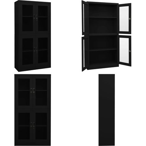 Büroschrank Schwarz 90x40x180 cm Stahl und Hartglas - Aktenschrank - Büroorganisation - Stauraum - Metallschrank - Schreibtischschränkchen - Home & Living
