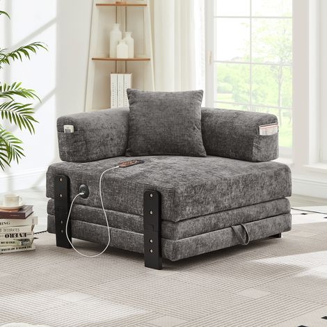Canapé-lit 2 en 1 avec couchage, ports USB/Type-C et rangement intégré, compact avec accoudoirs pour petits espaces, chambre d'amis, loft — Beige & Gris Foncé (1/4)