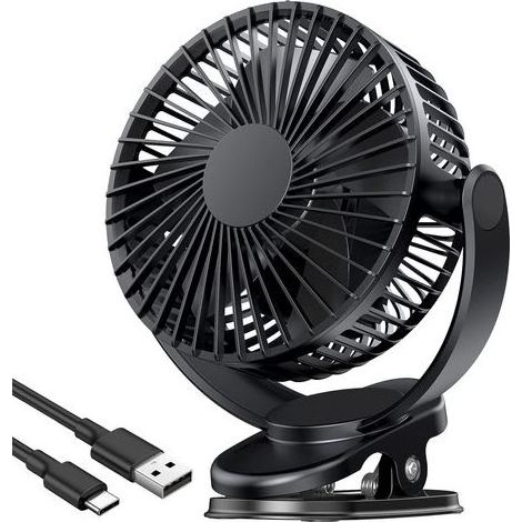 Beijiyi – Mini ventilateur USB rechargeable 5000 mAh – 3 vitesses – Rotation 360° – Ventilateur à pince pour bureau, camping et voiture