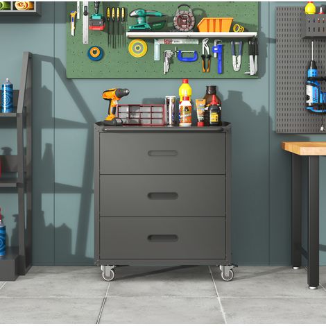 Mobile portautensili in metallo 75x42x88 cm nero/grigio con 3 cassetti, per garage - MEUBLIV (1/5)