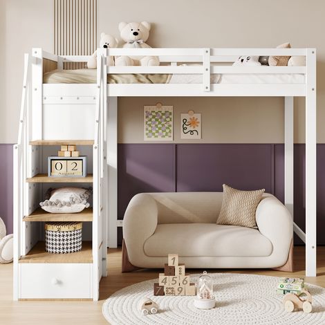 Cama litera 90x200 cm - Cama infantil, barandillas de seguridad contrastantes, escritorio 3 cajones, armario 4 niveles, estante, pino + MDF, blanco + madera, sin colchón (1/5)