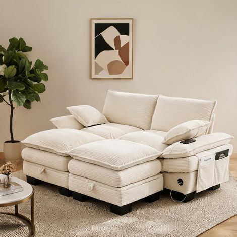 Sofa modulaire 2 places lin beige avec poufs et velours côtelé (1/5)