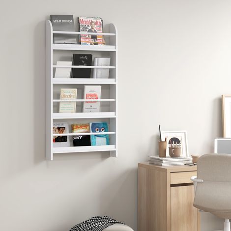 Étagère murale blanche 4 niveaux en bois massif pour livres et magazines, dimensions 59 x 12 x 113 cm (1/5)