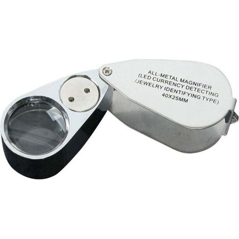 Loupe de bijoutier 40X Loupe Pliante en métal avec loupe à lumière UV LED pour Diamants bijoutiers pièces de Monnaie (Reconnaissance de Devise/Identification de Bijoux)