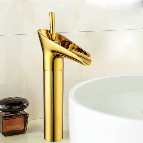 Waschtischarmatur Wasserfall Wasserhahn Bad Mischbatterie Badarmatur Waschbeckenarmatur Waschbecken Badezimmer Hoch Messing Golden