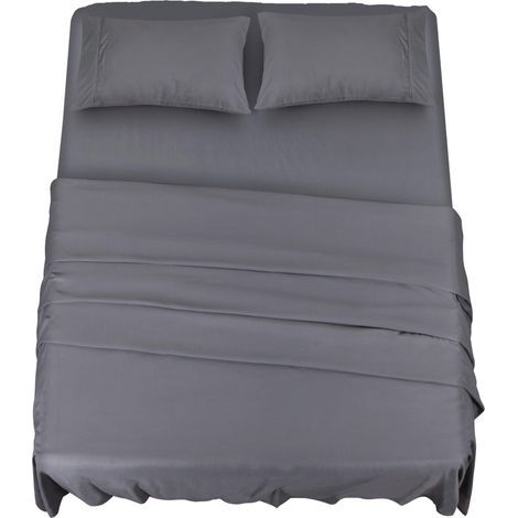 Polyester Microfibre Ensemble de Draps (4 pièces, Gris) - 1 Drap Housse 150x200cm, 1 Drap Plat 228x259cm et 2 Taies d'oreiller 50x75cm (1/5)