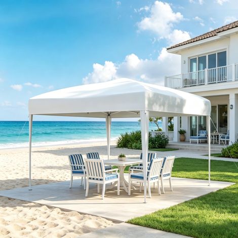 Tonnelle de jardin pliante pop-up 295x295x255cm avec toile oxford 210D, sac de transport, piquets et cordes, structure acier Blanc (1/5)