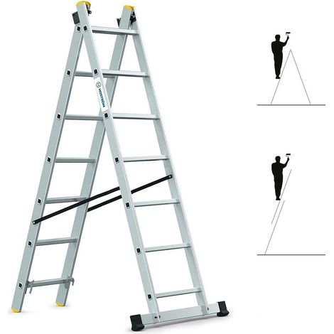 Echelle transformable 2 plans StablePro 2x7 marches aluminium extensible coulissante, 3 positions, hauteur travail max 4,25m, garantie 5 ans, Hostrom