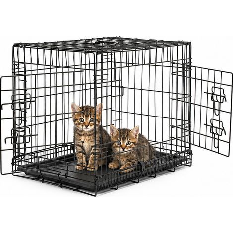 lionto Transportkäfig für Katzen aus Metall, stabil & klappbar mit Trennwand & Kunststoffbodenwanne, 61x44x51 cm