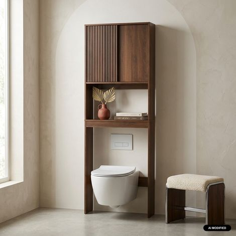 Etagère / Meuble WC Linear avec portes coulissantes. 3 espaces de rangement. noyer. 64 x 20 x 180 cm (1/5)