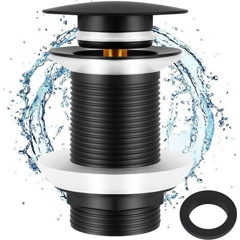 Tapón de fregadero negro (sin rebosadero), tapón de fregadero con pulsador, tapón de fregadero sin rebosadero (para lavabos de encimera) (1/4)