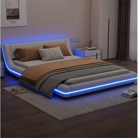Cama baja 140 x 200 cm con LED ambiental, PU y MDF, blanca OKWISH (1/5)