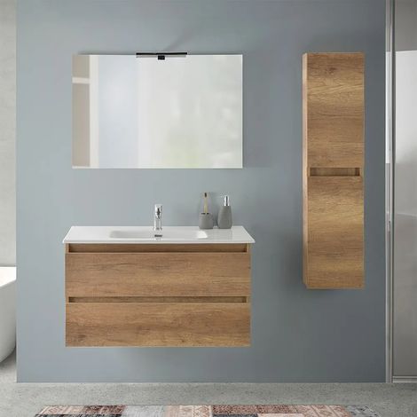 Mobile bagno sospeso 90 cm rovere naturale con pensile H 125 cm Nadia (1/5)