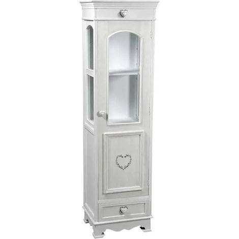 Vitrine Vincy en bois blanc antique 45x34x160 cm avec vitrine en verre et tiroir décoré cœur