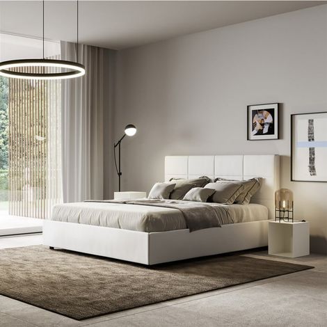 Lit double conteneur 160x190cm design simili cuir blanc Mika (1/5)