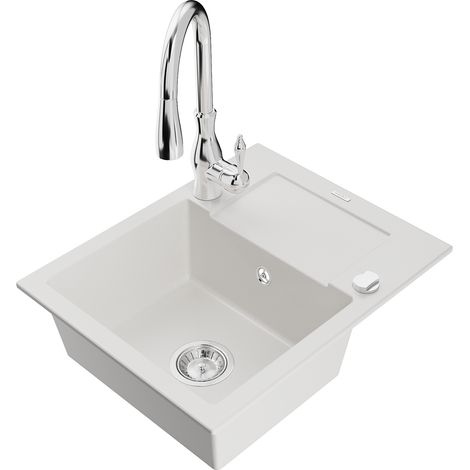 Mexen Enzo lavello in granito 1 vasca con gocciolatoio e rubinetto da cucina Savita, bianco - 6506-20-672601-00 (1/5)
