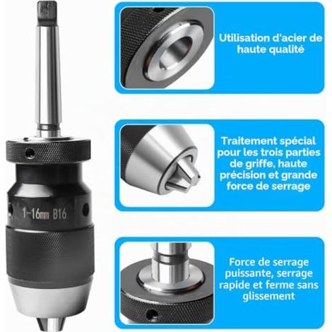 Mandrin auto-serrant B16 (1-16 mm) avec mandrin conique MK2/MT2, mini mandrin de précision MK2/MT2, rabats d'extraction pour tour, perceuse, tour (1/3)