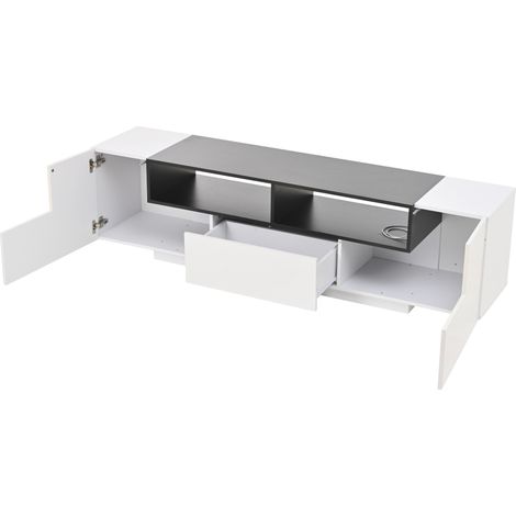 Hochglanz-weißes TV-Lowboard 180x40x48 cm mit LED, Schublade und offenen Fächern bis 75 Zoll (1/5)