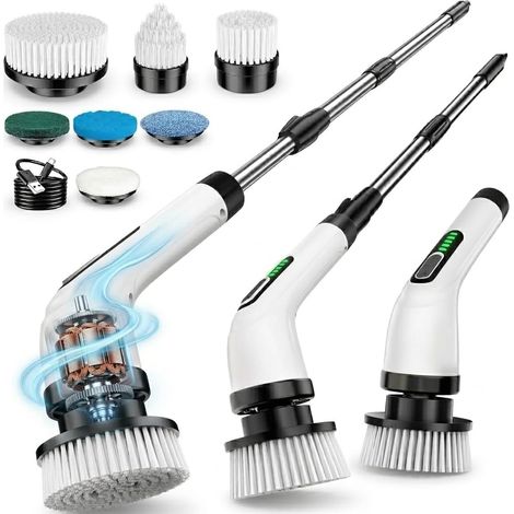 Brosse de nettoyage électrique, sans fil, 2000 mAh, avec 7 têtes de rechange, manche télescopique en acier inoxydable (24-127 cm)