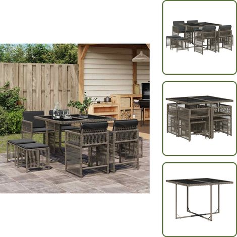 The Living Store Ensemble à manger de jardin 9 pcs coussins gris résine tressée - Ensemble Salon De Jardin - Meuble De Jardin - Mobilier De Jardin - Set De Jardin - Table De Jardin