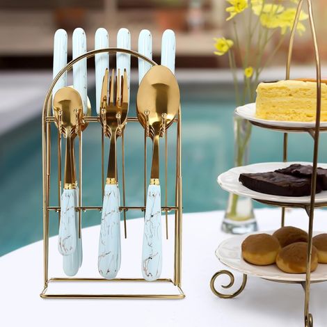 24 Pieces Gold Cutlery Set Stainless Steel Dinner Cutlery Set with Stand, Knife Fork Spoon Hanging Flatware Set for Family, Friends Gatherings, Holiday Banquets (1/5)