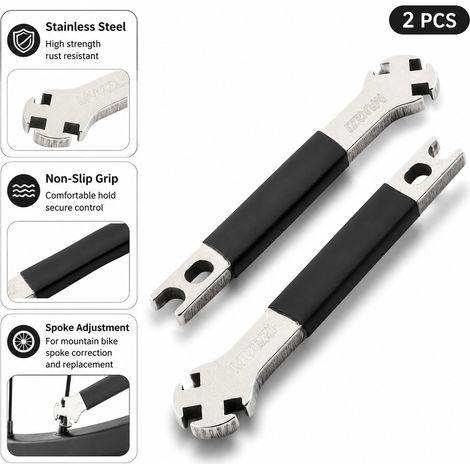 Set de clés pour rayons de vélo, outil de réglage de roue en acier inoxydable (2 pièces) avec poignée antidérapante pour la correction et le remplacement de rayons de VTT (1/5)