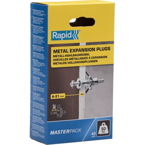RAPID - Chevilles à Expansion Métal - 6-21mm Lot 40 Charge Max 50 kg Pour Cloison Plâtre, Fixation Solide pour Mur Creux - (5001567)