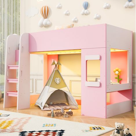 Hochbett 90/200 cm in Rosa mit LED, Schreibtisch und Sicherheitsleiter (1/5)