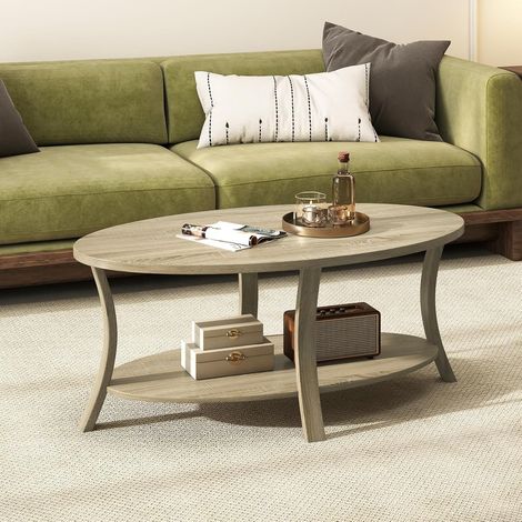 GOPLUS Table Basse Ovale Salon, Table de Salon en Bois de Caoutchouc avec Étagère de Rangement Ouverte, 2 Niveaux pour Bureau, Salle de Réception, Charge 160KG, 111 x 60,5 x 47 cm (Noyer) (1/5)
