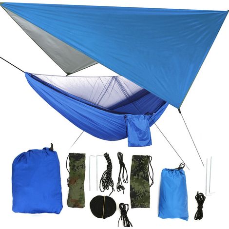 Ensemble hamac suspendu avec moustiquaire portable, toile bleue, pour le camping et les voyages en plein air (1/4)