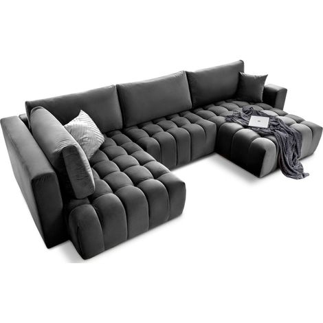 Sofá de esquina BONITA convertible 6 plazas gris oscuro tela – derecho – 350x175cm (1/3)