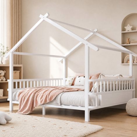 Cama infantil tipo casa (215x146x168.5 cm), con barandillas de seguridad, estructura metálica, blanca (1/5)