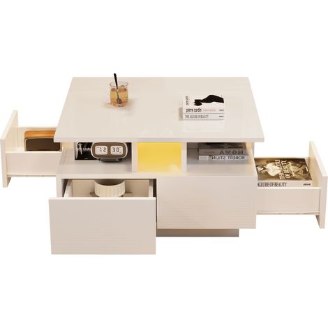 Table basse Blanc, LED, prise et USB, 70 x 70 x 40 cm, particle board, moderne, pratique, avec rangement, pour salon, montage facile (1/5)