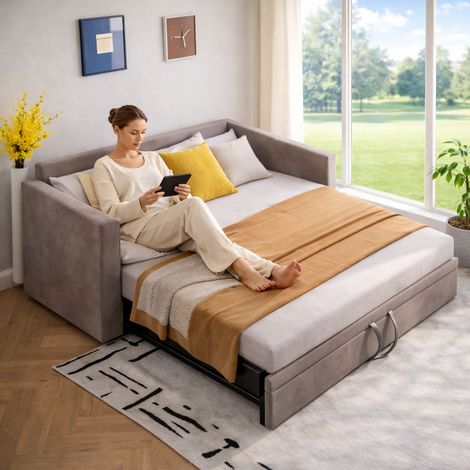 Canapé convertible 2 places 90/180x200 cm, lit gigogne lit de jour convertible, cadre métallique, sommier à lattes, velours gris capitonné extensible
