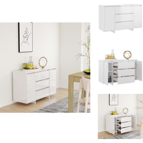 The Living Store Buffet et 3 tiroirs Blanc brillant 120x41x75 cm Bois ingénierie - Rangement (1/5)