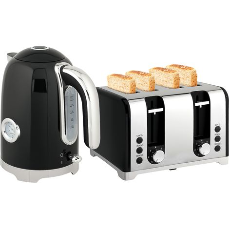 HOMCOM 3000W 1.7L Kettle with Retro Thermometer, 4 Slice Toaster Set, Black (1/5)