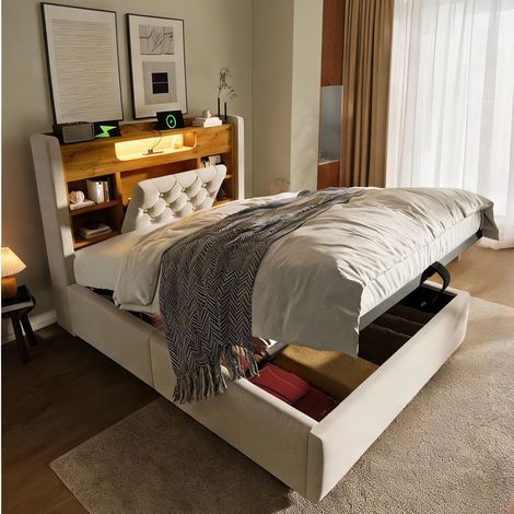 Cadre de lit beige en lin 223 x 98 x 115 cm (1/5)